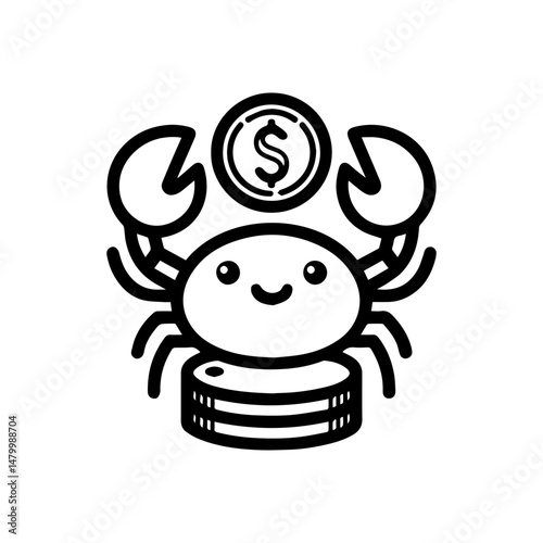 Joyful red cartoon crab clutching shiny gold dollar coin with claws for financial success concept  