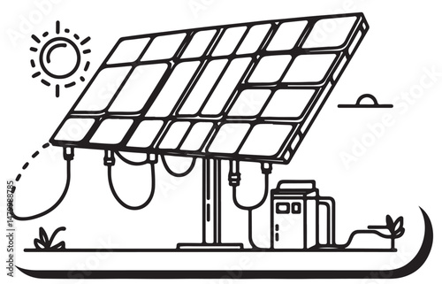 A black and white drawing of a solar panel with sun shining