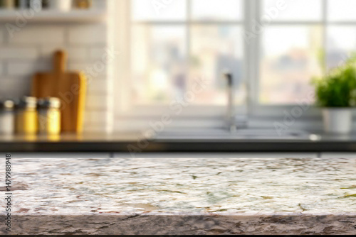 Empty wooden kitchen counter mockup, product display background. Wood table top on marble, blurred interior. Modern style home kitchen, restaurant advertising. Copy space for food, drinks, dishes