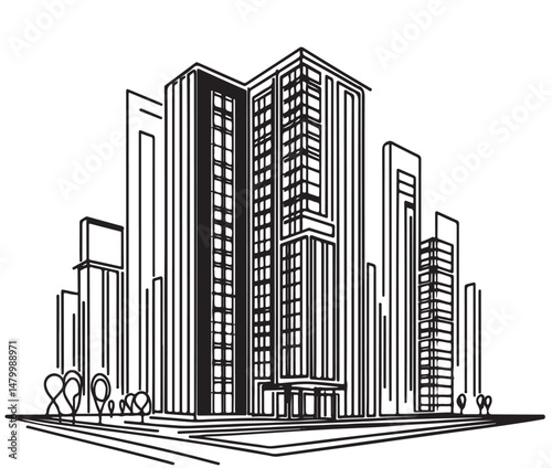 High rise building sketch. Line art, abstract, geometric