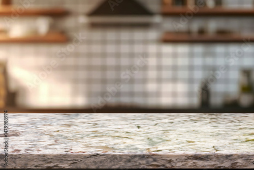 Empty wooden kitchen counter mockup, product display background. Wood table top on marble, blurred interior. Modern style home kitchen, restaurant advertising. Copy space for food, drinks, dishes