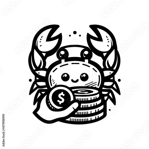 Happy cartoon crab holding golden dollar coin with claws symbolizing financial prosperity and luck  