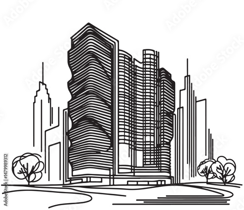 Abstract High rise building sketch. Line art