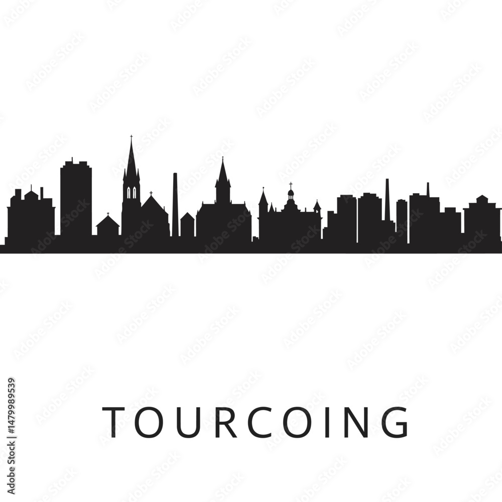 Tourcoing Skyline City Silhouette with Black, and White.
