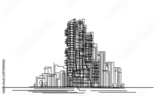 Abstract High rise building sketch. Line art