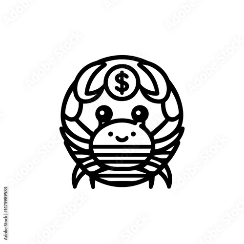 Happy cartoon crab holding golden dollar coin with claws symbolizing financial prosperity and luck  