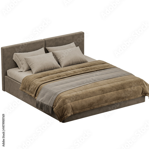 A bed with a brown comforter and pillows