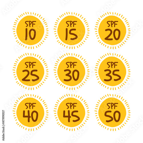 UV protection levels color flat icons for cream lotion spray and other cosmetics for packaging design making listings on marketplaces