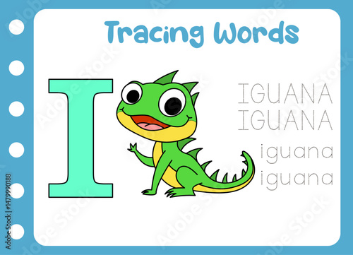 trace the word of cute iguana. animal education game