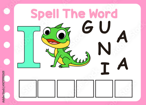 spell the word of iguana . cute little fox with letter of H