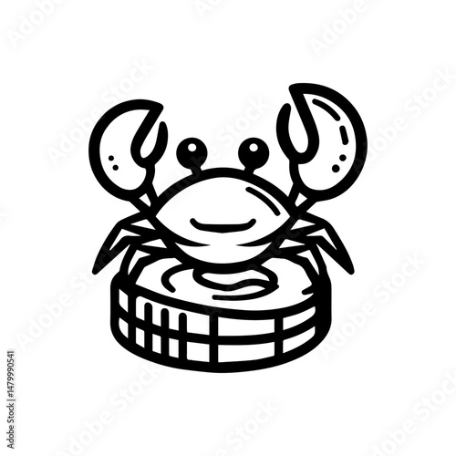 Playful red cartoon crab gripping golden dollar coin with claws for financial savings concept  vector logo