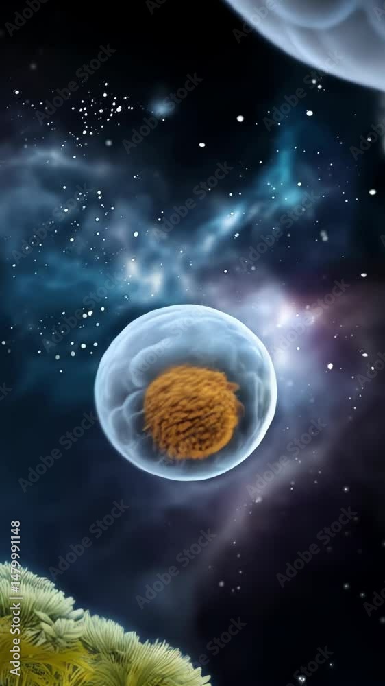 Detailed microscopic view of cells with blue membranes and golden cores drifting among cloud like formations, biology concept.