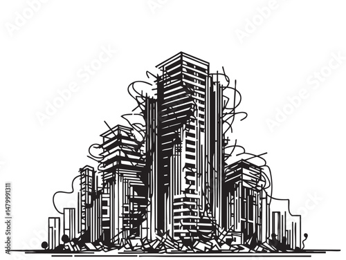 Building destroyed by the Earthquake or war the city, until the building seemed to collapse, sketch, abstract