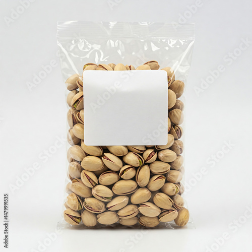 Packaging of roasted pistachios in a transparent bag with a blank label for customization during snack packing