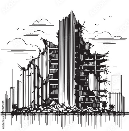 Building destroyed by the Earthquake or war the city, until the building seemed to collapse, sketch