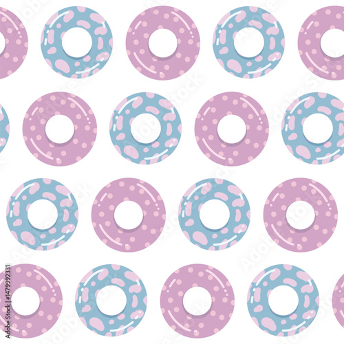 Playful seamless vector pattern featuring colorful inflatable beach circles. Flat style, pastel colors. Perfect for summer-themed designs, children's products, and fun projects.