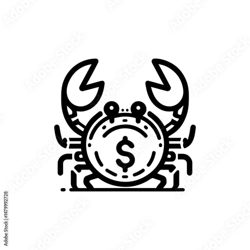 Cartoon crab character happily holding shiny gold dollar coin with large claws for finance concept vector logo