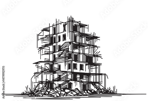 Building destroyed by the Earthquake or war the city, until the building seemed to collapse, sketch