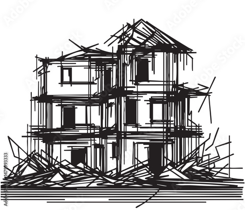 Building destroyed by the Earthquake or war the city, until the building seemed to collapse, sketch