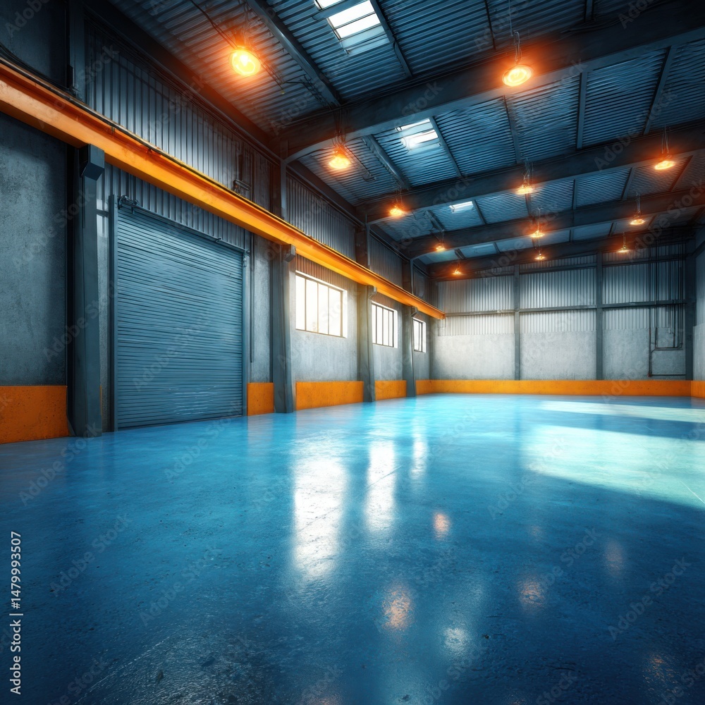 Fototapeta premium Empty warehouse interior with blue floor and roller doors industrial building architecture perspective shot