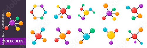 Collection of molecule flat color icons. Chemical structure, atom icon