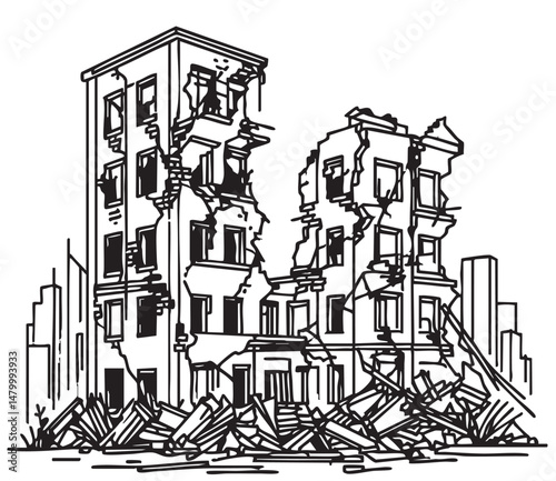 Building destroyed by the Earthquake or war the city, until the building seemed to collapse, sketch