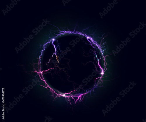 Glowing electric sphere with blue and violet lightning arcs on dark background. Vector illustration of energy charge for sci-fi design, game interface, or futuristic concept art.

