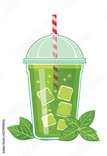 Iced Green Drink with Lime in Plastic Cup - Vector Illustration