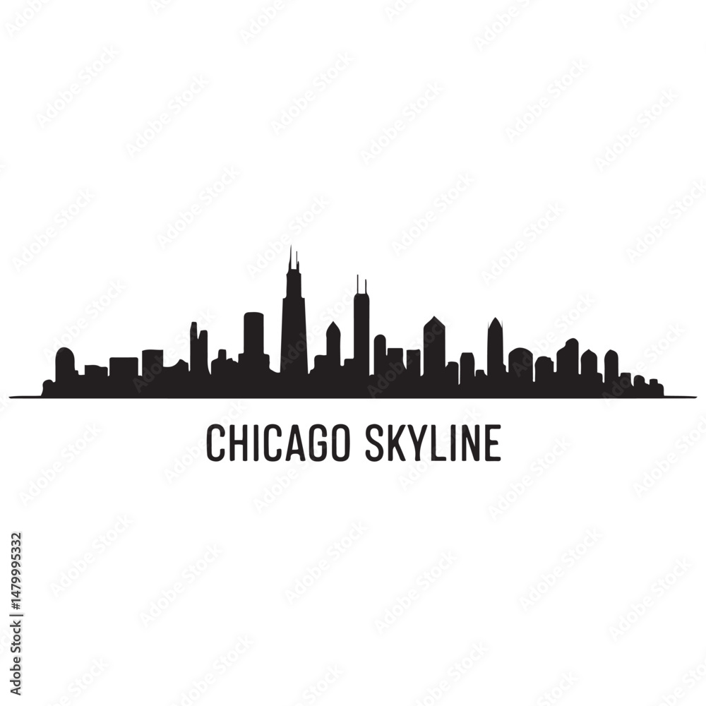 Naklejka premium Chicago city skyline horizontal banner. Black and white silhouette of Chicago city, USA. Vector template for your design. Vector black silhouette. with white background