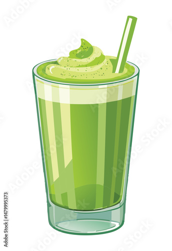Frothy Green Matcha Drink with Straw - Vector Illustration