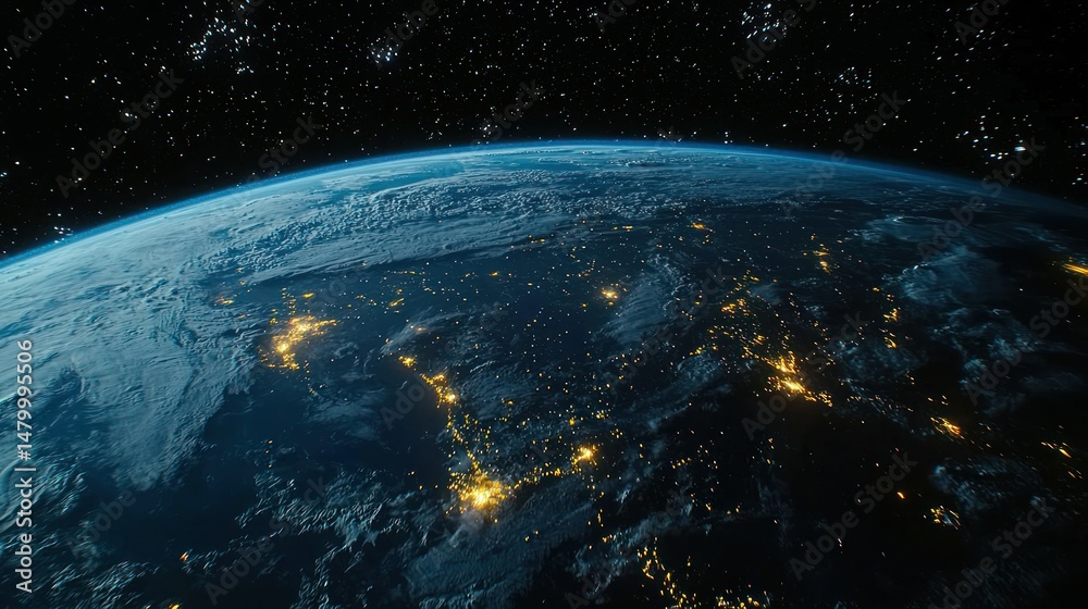 Obraz premium Earth view City lights gleam from space, amid stars