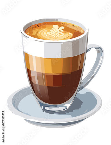 Layered Coffee Macchiato in Ceramic Cup - Vector Illustration