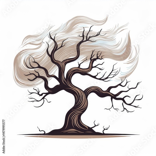 Artistic depiction of a twisted tree with flowing branches against a plain background