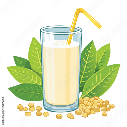 Glass of Soy Milk with Yellow Straw and Leaves - Vector Illustration
