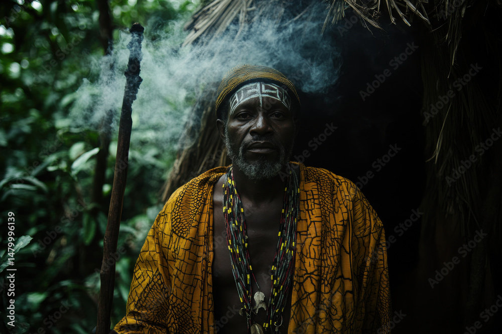 Fototapeta premium Indigenous african shaman performing ritual in the jungle