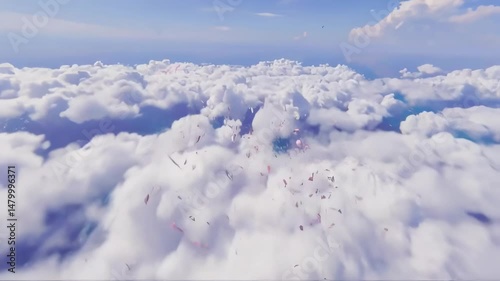 Sakura Petals Floating Through Windy Skies Above the Clouds photo