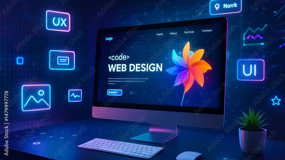 Modern Web Design on Desktop Screen with Glowing UI UX Elements and Colorful Digital Development Environment

