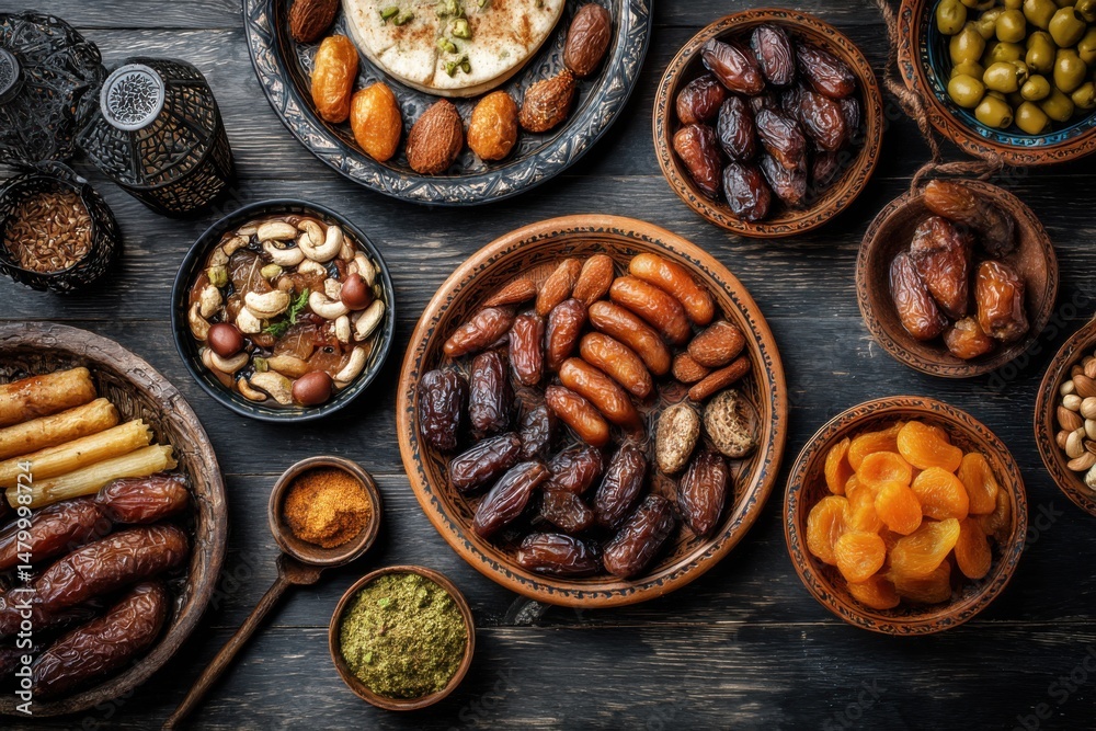Overhead View of Middle Eastern Feast with Dates Nuts and Dried Fruit on Dark Wood Table Overhead View of Middle Eastern Feast with Dates Nuts and Dried Fruit on Dark Wood Table