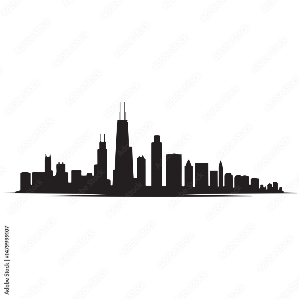 Naklejka premium Chicago city skyline horizontal banner. Black and white silhouette of Chicago city, USA. Vector template for your design. Vector black silhouette. with white background