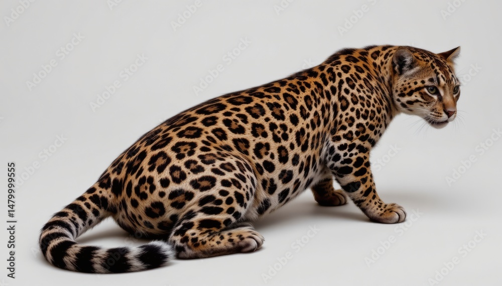 Naklejka premium a sleek jaguar, white background, rosette pattern, stealthy pose, 4k resolution