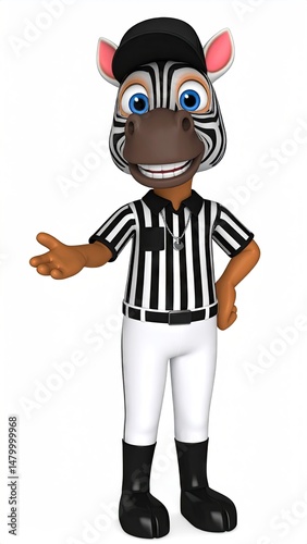 Zebra referee character with black and white uniform, cap, and an inviting open hand gesture