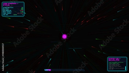 Sci-fi HUD displaying a cybernetic core assimilating data particles, with system status, progress bar, and glitch effects. Futuristic tech interface.