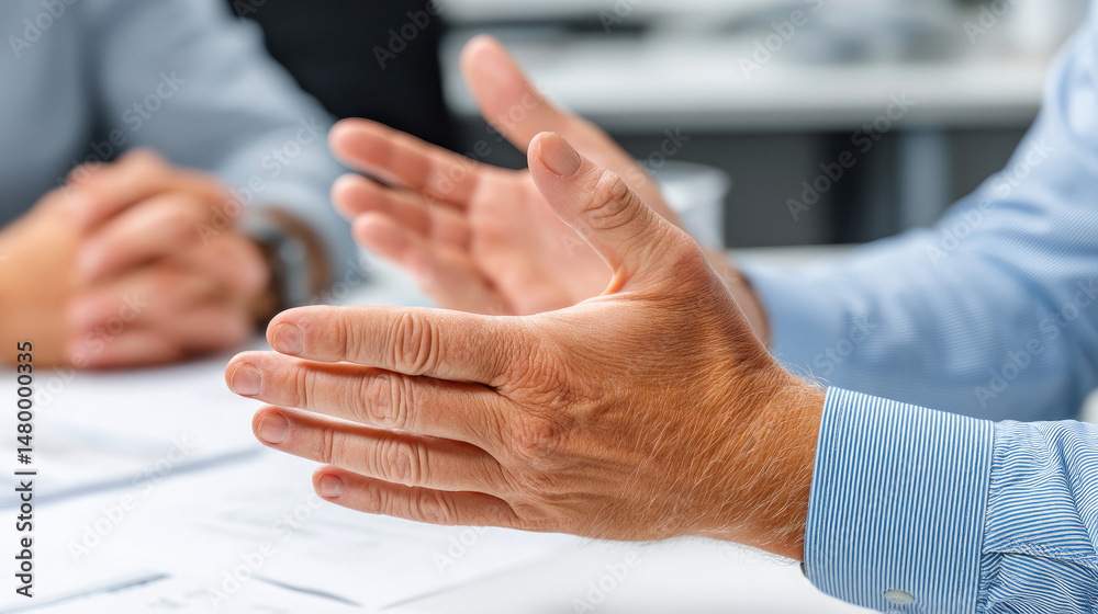 Obraz premium Two people discuss a business deal; one gesticulates, showing hands