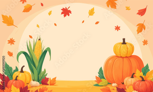 Autumn Harvest Corn Pumpkins Leaves Fall Background