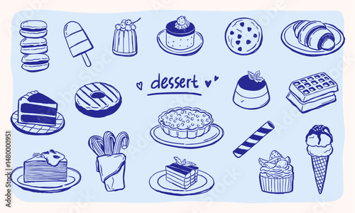 sketch hand drawn illustration of desserts collection - cake, pastry, ice cream, doughnut, pie