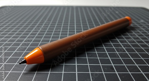 Closeup of a Brown and Orange Stylus Pen on a Black Grid Cutting Mat