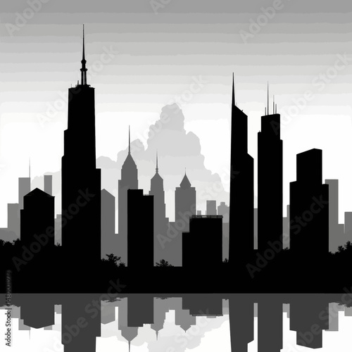 Black and white cityscape silhouette with water reflection