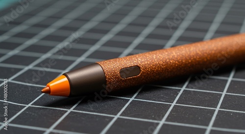 Closeup of a Brown and Orange Stylus Pen on a Black Grid Cutting Mat