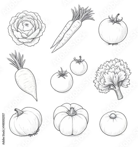 Black and White Vegetables Sketch Harvest Freshness