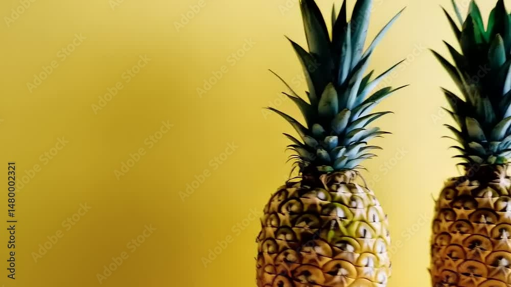 Dual Pineapples: A Tropical Still Life Against Yellow Backdrop and Studio Lighting